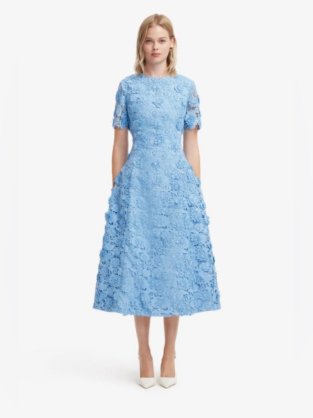 LEO LIN Caroline Powder Blue 3D Floral Lace Embroidered A-Line Midi Dress NWT